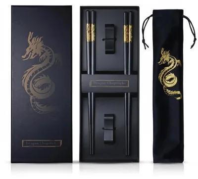 Image de Baguettes réutilisables, lot de 2, motif dragon, avec support et sac de transport, en fibre de verre, 24,5 cm
