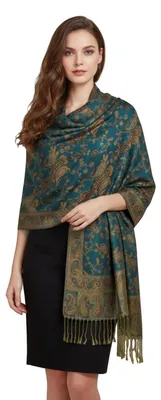 Obrázok produktu pre Šál Pashmina, dámsky, vzor Paisley, žakárová väzba, modrozelená farba, rozmer 28 x 70 cm