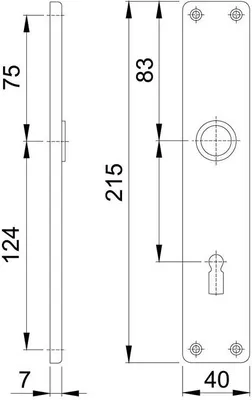 Technical drawing of a door handle plate with dimensions.