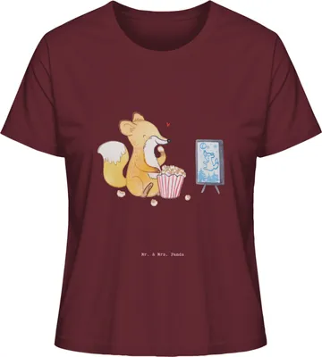 Produktbild von Mr. & Mrs. Panda Kurzarmshirt Damen Fuchs Filme gucken Größe S - Burgundy - Geschenk, Oberteil, TV, Filmabend, Basic Shirt, Kino, Fernsehen, T-Shirt für Frauen, Baumwoll