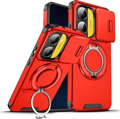 Obrázek produktu pro Dvouvrstvé pouzdro pro Xiaomi Poco X7 Pro/Redmi Turbo 4, posuvným krytem fotoaparátu a magnetickým kroužkovým stojánkem Červený
