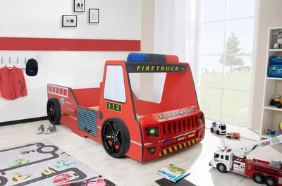 Produktbild von Autobett für Kinder 90x200 Feuerwehrbett Kinderbett Rio "Firetruck" Hochglanz mit LED Leuchte