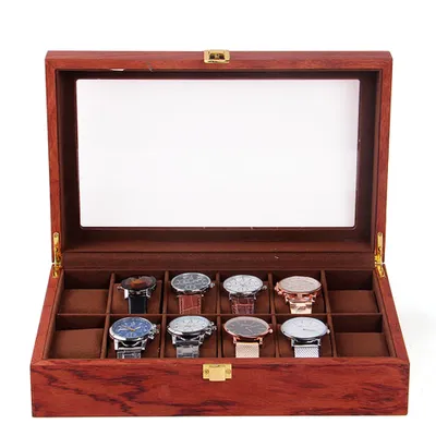 Produktbild von Uhrenbox Holz mit transparentem Glasdeckel für 12 Uhren Uhrenkoffer Organizer Schmuck Armband Display Vitrine Uhrenschatulle Schmuckfach Uhrenkasten Geschenk