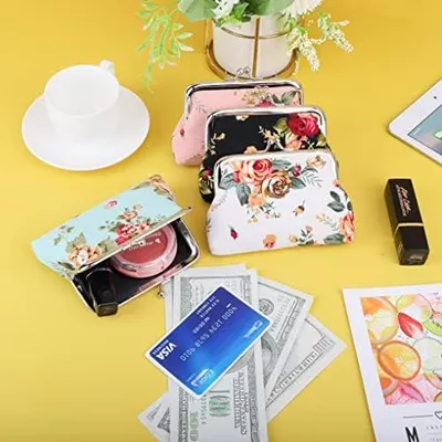 Produktbild von 4 Stück Geldtäschchen Damen Coin Wallet Münzbeutel Coin Purse Geldbeutel Täschchen Schlüsseltasche Kleingeldbörse Vintage Handtasche Clutch Pouch