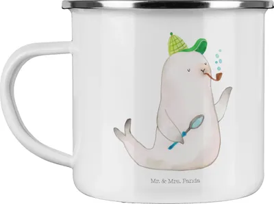 Produktbild von Mr. & Mrs. Panda Teetasse Robbe Sherlock - Weiß - Geschenk, Pott, Teebecher, Emaille Tasse, Lustige Sprüche, Campingbecher, Haferl