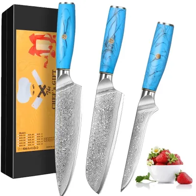 Immagine prodotto di Set di coltelli da cucina, acciaio damasco, impugnature ergonomiche, 3 pezzi