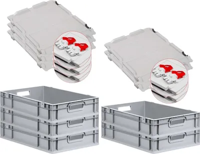 Produktbild von SuperSparSet 5x Eurobox NextGen Economy mit Scharnierdeckel und roten Schiebeschnappverschlüssen | Griffe offen | HxBxT 12x40x60cm | 23 Liter | Eurobehälter, Transportbox, Transportbehälter, Stapelbehälter
