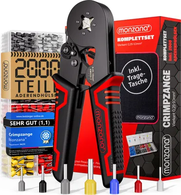 Produktbild von MONZANA® Crimpzange 0,25-10mm² 2000 Aderendhülsen Set elektrische Steckverbinder Aufbewahrungstasche Elektriker Werkzeug Zange Presszange Kabelschuhe