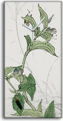 Produktbild von Wanduhr Uhr Wandbild Leinwand 30x60 Malerei Asiatische Blüten Blätter Insekten - weiße Hände