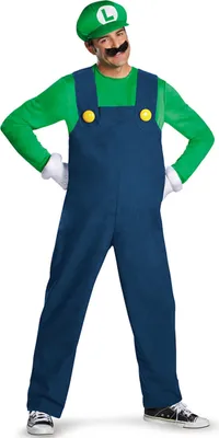 A man wearing a Luigi costume, posing for a photo.