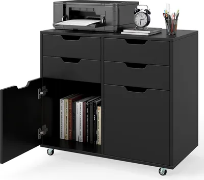 Immagine prodotto di Piedistallo mobile COSTWAY con rotelle, 4 cassetti e 2 ante, schedario, supporto per stampante, mobile da ufficio, nero
