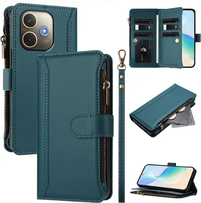 Image de Etui pour Oppo A5 Pro 5G/A5 Pro 4G, zippé, étui portefeuille en cuirPolyuréthaneavec poches pour cartes, support et boucle pour la main vert