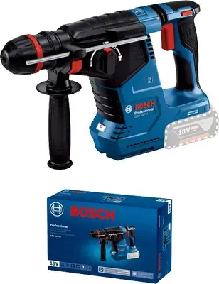A Bosch hammer drill and its packaging are shown against a white background.