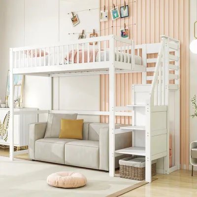 Produktbild von Hochbett mit Treppe, Kinderbett mit Aufbewahrungsregal, 90x200
