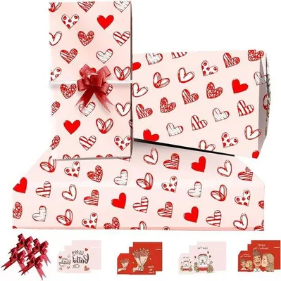 Image de Papier cadeau - 85 x 60 cm, rouge, en forme de cœur, avec 4 rubans, 4 cartes et 4 étiquettes