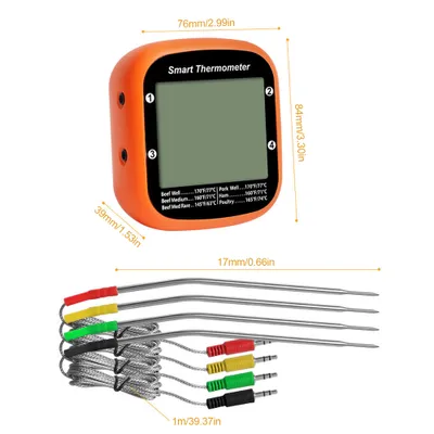 Obrázek produktu pro Inteligentní digitální teploměr na maso, bezdrátový, se dvěma sondami, teploměr pro okamžité měření teploty potravin, ovládání APP s časovým alarmem, grilovací teploměr pro venkovní grilování, se stojanem, který lze nastavit a zavěsit