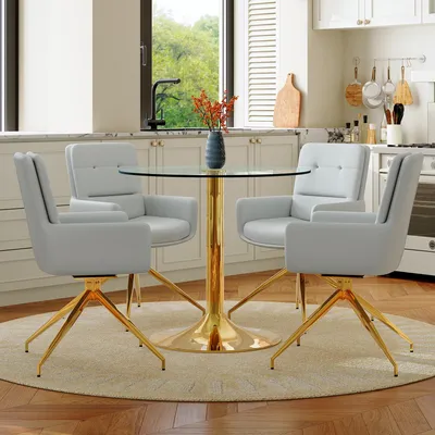 Immagine prodotto di Set tavolo e sedie, tavolo in vetro con diametro di 85 cm, gambe in metallo, 4 sedie girevoli in poliuretano (oro, grigio chiaro, trasparente)