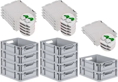 Produktbild von SuperSparSet 10x Eurobox NextGen Economy mit Scharnierdeckel und grünen Schiebeschnappverschlüssen | Griffe offen | HxBxT 12x30x40cm | 11 Liter | Eurobehälter, Transportbox, Transportbehälter, Stapelbehälter