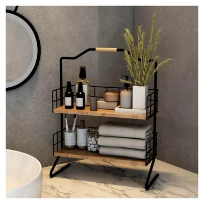 Produktbild von Tischregal Sallingsund Küchenregal mit 2 Ablageflächen Gewürzaufbewahrung 41,5 x 32 x 15 cm Küchen-Organizer Schwarz/Holzfarben