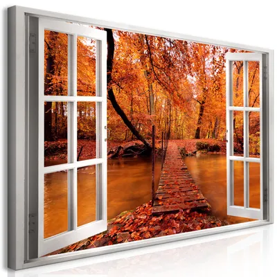 Produktbild von Wandbild Mega XXXL Fensterblick 250x125 cm Einteiliger XXL-Format Kunstdruck zur Selbstmontage Leinwandbilder moderne Bilder DIY Wanddekoration Wohnung Deko Wald Bäume Herbst c-C-0298-ak-e