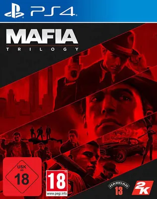 Collage of images from the Mafia Trilogy video game, featuring characters, cars, and cityscapes, with prominent game title and age rating.