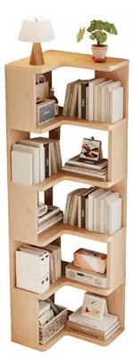 Image de Étagère d'angle, 5 niveaux, en bois, de couleur naturelle, bibliothèque d'angle pour salon, chambre à coucher ou bureau, dimensions : 40 cm