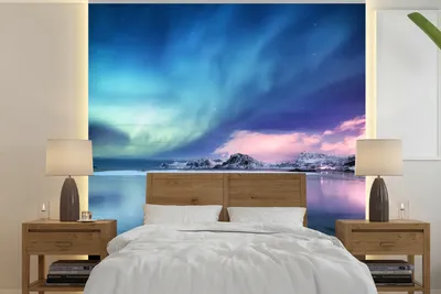Produktbild von MuchoWow® Fototapete für Wohnzimmer oder Schlafzimmer Wandtapete Vinyl Motivtapete Nordlichter - Nacht - Winter - 350x350 cm - Schlafzimmertapete