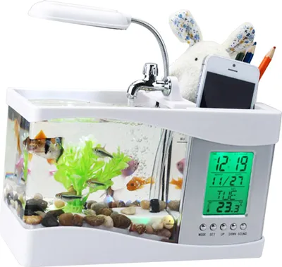 Obrázek produktu pro Qcwwy Stolní akvárium se světelnými hodinami, multifunkční USB dobíjecí stolní elektronické akvárium Mini Fish s vodním čerpadlem, kalendářem, funkcí hodin,