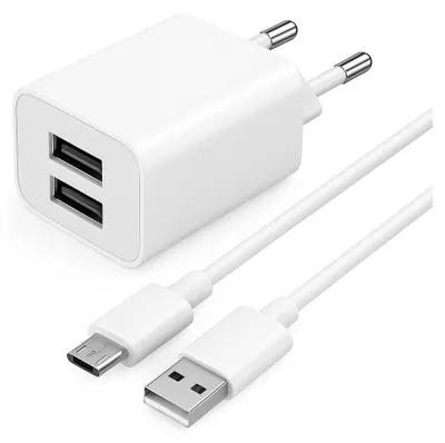 Produktbild von Doppel Schnellladegerät – 2x USB-A Ports – Kompatibel mit iPhone Samsung Galaxy iPad, Huawei, Xiaomi, OnePlus, Google Pixel – Micro USB
