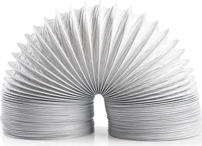 A flexible white air vent hose is bent into a U-shape against a white background.