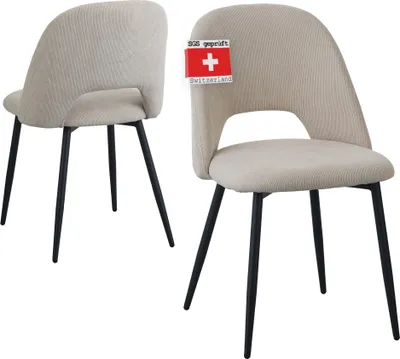Two beige chairs with black legs are shown against a white background. One chair is viewed from the side, and the other is viewed from the front.