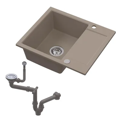 Produktbild von HOMEVELLO Spülbecken DIGNUM Einbecken Granitspüle 59x50x21cm Beige, Hochwertige Küchenspüle mit Siphon, Abtropffläche, Pflegeleicht, Kratzfest, Moderne Design, Perfekt für jede Küche