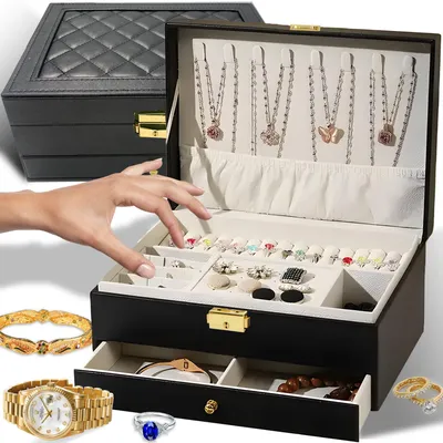 Produktbild von Schmuckkästchen mit Spiegel und Schublade abschließbar Kunstleder schwarz Schmuckbox Aufbewahrungsbox für Ohrringe Uhren Armbänder Halsketten Retoo