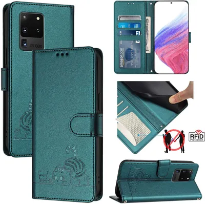 Produktbild von Leder Hülle für Samsung Galaxy S20 Ultra Süße Katze Flip Case Brieftasche Schutzhülle mit Standfunktion Grün