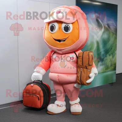 Produktbild von Pfirsichfarbener REDBROKOLY Maskottchen Kostüm charakter mit American-Football-Helm bekleidet mit einer Jogginghose und Geldbörsen