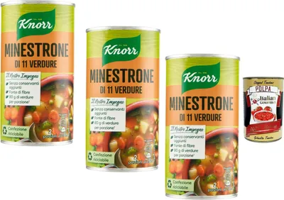 Produktbild von Italian Gourmet Minestrone 11 Gemüse 3 x 500 g Dose – Italienische Gemüsesuppe, herzhaft & sättigend, schnelle Mahlzeit, Vorratspack, ideal für Büro & Familie + Italian Gourmet Polpa
