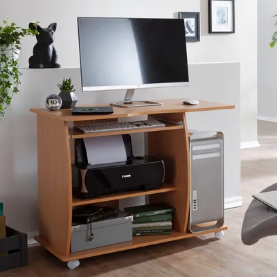 Zdjęcie produktu dla Stół komputerowy FineBuy GRASSE na kółkach, buk, 90 x 71 x 50 cm, z wysuwaną półką na klawiaturę, stolik na laptopa na kółkach z blokadą, stół komputerowy z półką na drukarkę
