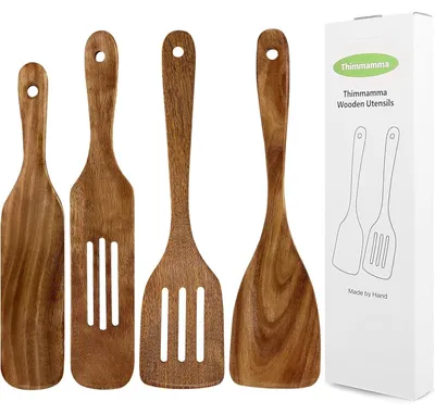 Immagine prodotto di Set di 4 spatole in legno, con fessure, per uso in cucina, realizzate in legno massello, adatte per superfici antiaderenti