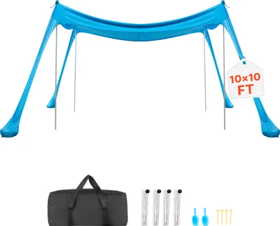 Image de Tente de plage VEVOR avec protection solaire (UPF 50+) 3 x 3 x 2 m, abri de plage avec 4 sacs de sable, barres de stabilisation et pelles à sable, voile d'ombrage portable pour les sorties en famille, le camping et la pêche, couleur bleue