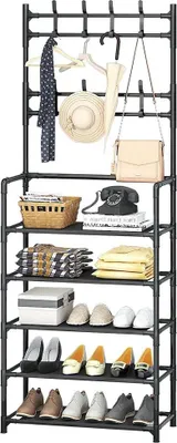 Image de Étagère à vêtements et à chaussures - Armoire d'entrée autoportante - 5 niveaux en métal - Étagère à chapeaux - Organisateur pour couloir et salon