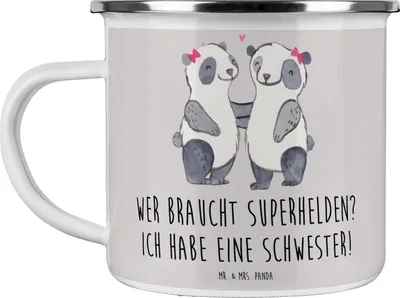 Produktbild von Mr. & Mrs. Panda Teetasse Liebe Schwester - Grau Pastell - Geschenk, Emaille Tasse, Emailletasse, Freude, Familiengeschenk, Familie, handgefertigt, Pott, Unterstützung