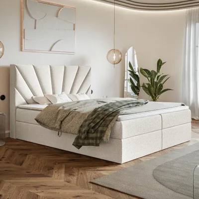 Produktbild von MOTIVENA Aspen Boxspringbett 140x200 Weiß Boucle (Catch Me 01), Bonellfederkern-Matratze (H4), T28 Komfortschaumstoff Topper (H3)