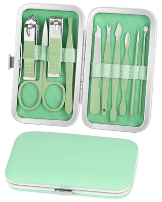 Image de Kit de manucure et pédicure, 10 pièces, étui en cuir vert clair pour femmes et hommes