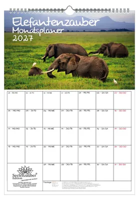 Produktbild von Elefantenzauber Planer DIN A3 Kalender für 2027 Elefanten - Geschenkset Inhalt: 1x Kalender, 1x Weihnachtsanhänger (insgesamt 2 Teile)