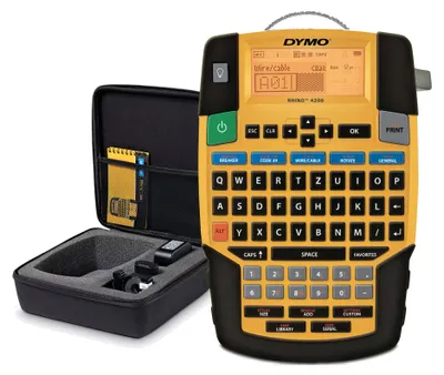 Produktbild von DYMO RHINO 4200 Etikettiergerät im stabilen Hartschalenkoffer | Industrielles Beschriftungsgerät mit QWERTZ Tastatur, QWERTZ, Wärmeübertragung, Schwarz, Gelb