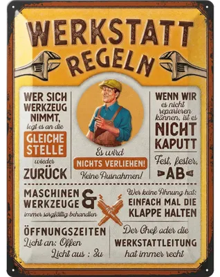 Produktbild von LANOLU XXL Retro Blechschild Werkstatt Schild, lustige Werkstattregeln für Männer, Geschenk Vatertag, Garagen Deko Metallschild 30x40cm