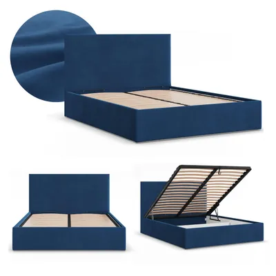 Produktbild von Polsterbett PAOLA 180x200 mit Bettkasten und hochklappbarem Metall-Lattenrost, Doppelbett mit Kopfteil Blau Samt