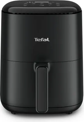 A black Tefal Easy Fry Compact air fryer is shown from the front.
