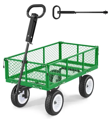 Obrázek produktu pro VEVOR ruční vozík, nosnost 408,2 kg, zahradní vozík sPolyuretanpneumatikami, ocelový přepravní vozík s nastavitelnou rukojetí, odnímatelnými bočnicemi, vozík na nářadí pro připevnění k čtyřkolce nebo traktoru, zelený