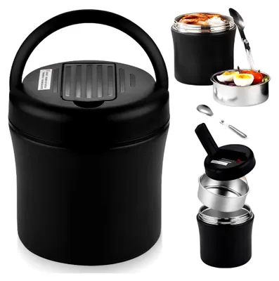 Produktbild von Großer Thermobehälter für Lebensmittel 1,2L aus Edelstahl mit Löffel, Thermoschüssel mit Deckel, Lunchbox für warme und kalte Speisen, Essensbehälter für Suppen und Porridge